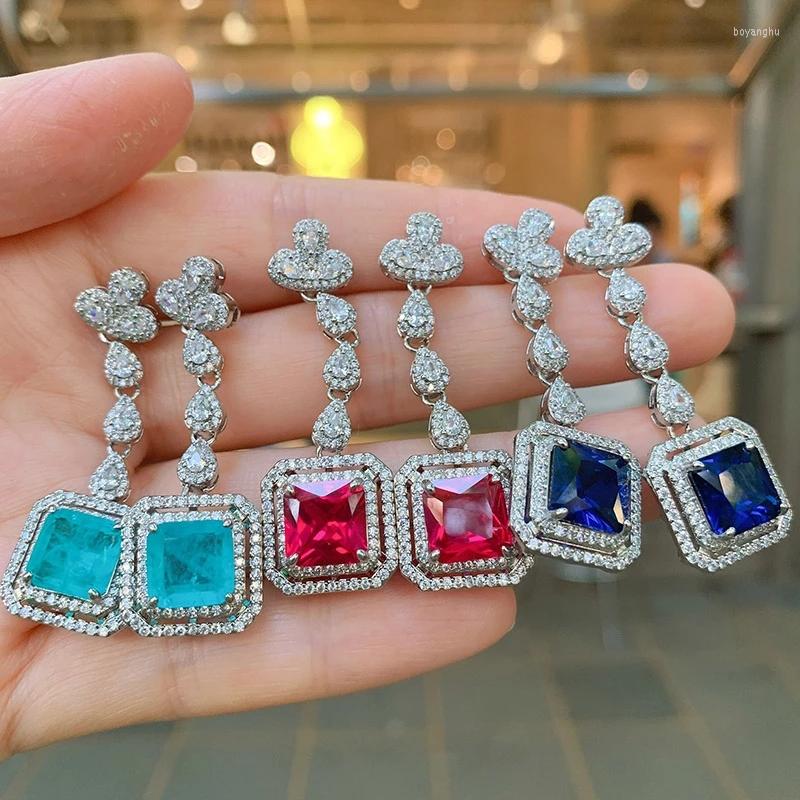 

Stud Earrings EYIKA Square Created Tanzanite Paraiba Tourmaline Drop Silver Color CZ Bridal Fine Jewelry Dubai Wedding Gift For Women