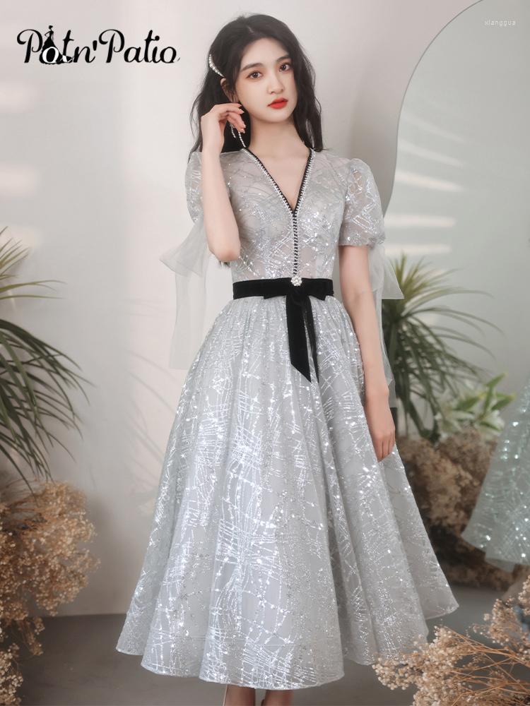 

Party Dresses 2023 Summer Gray Evening V-neck A-line -length Sequin Tulle Long Women Formal