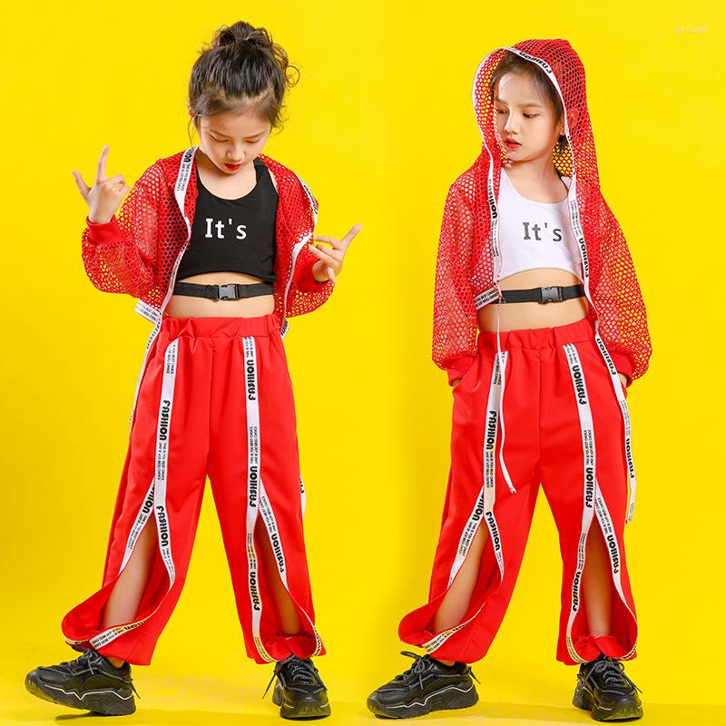 

Stage Wear Kid Hip Hop Clothing Hoodie Crop Top Long Sleeve Net Jacket Tank Vest Loose Split Pants For Girl Jazz Dance Costume Clothes, White tank top