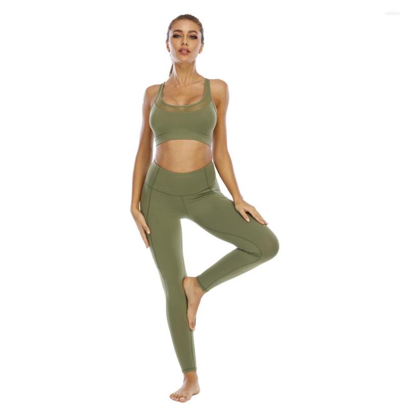 

Active Sets ArmyGreen Workout Clothes For Women Yoga Set Seamless High Waist Hollow Back Pocketed Leggings Sports Gym Clothing Fitness Suit, Green