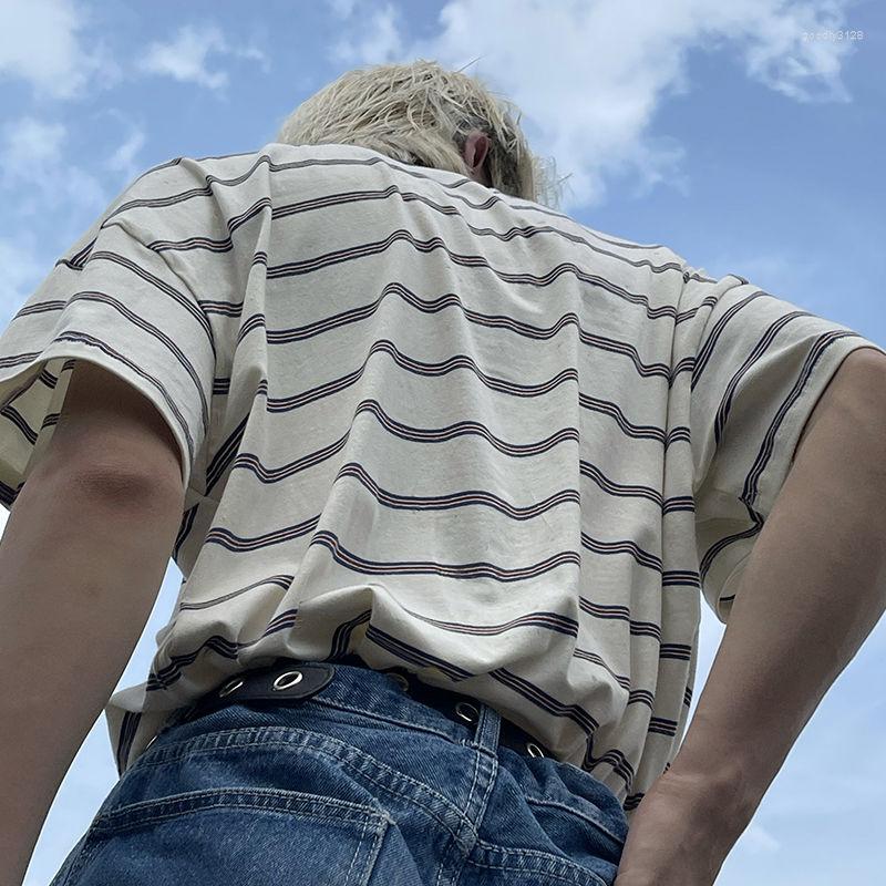 

Men' Polos White And Blue Strip Retro T-shirts Printing Fashion Oversized Shirts For Men Lapel Short Sleeve Thin Loose Mens Polo