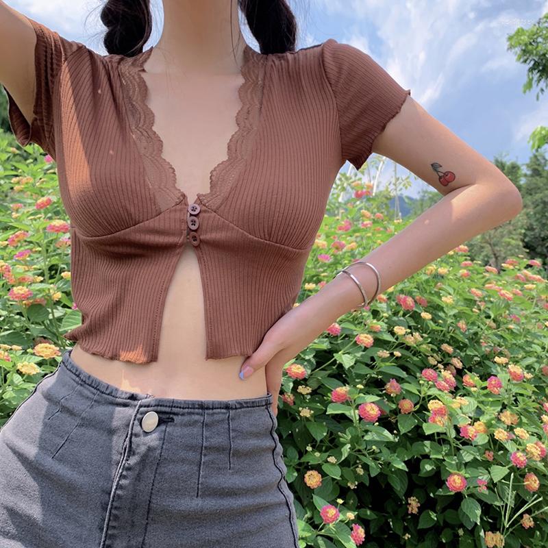

Women's T Shirts Adults Button-Down Solid Color Lettuce Trim Short Sleeve Lace V-Neck Crop Tops Women Summer Knit Cardigan Skin-Friendly, Blue