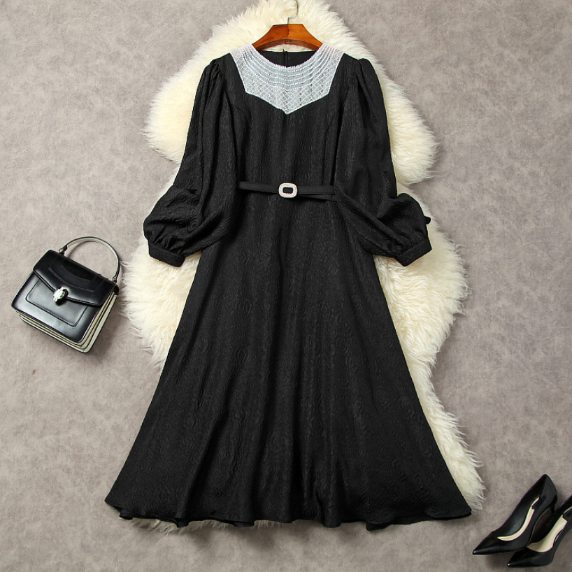 

Spring Long Sleeve Round Neck Dress Black Jacquard Solid Color Panelled Beaded Rhinestone Mid-Calf Elegant Casual Dresses 22G112032, Green