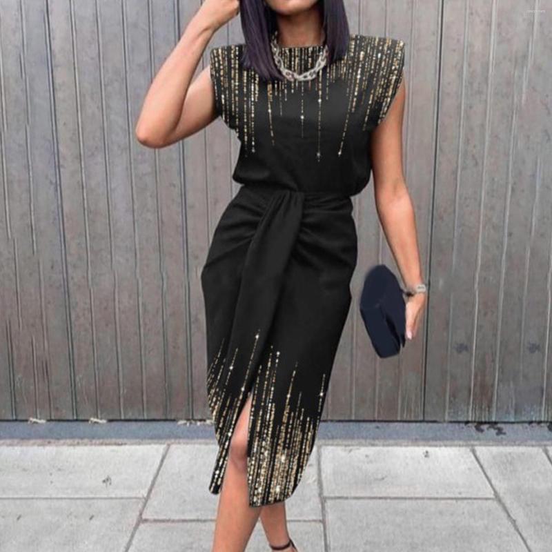 

Casual Dresses Sleeveless Sequin Dress Women's Sexy Slit Printed Pleated Party Clubwear Vestido Robe, Silver
