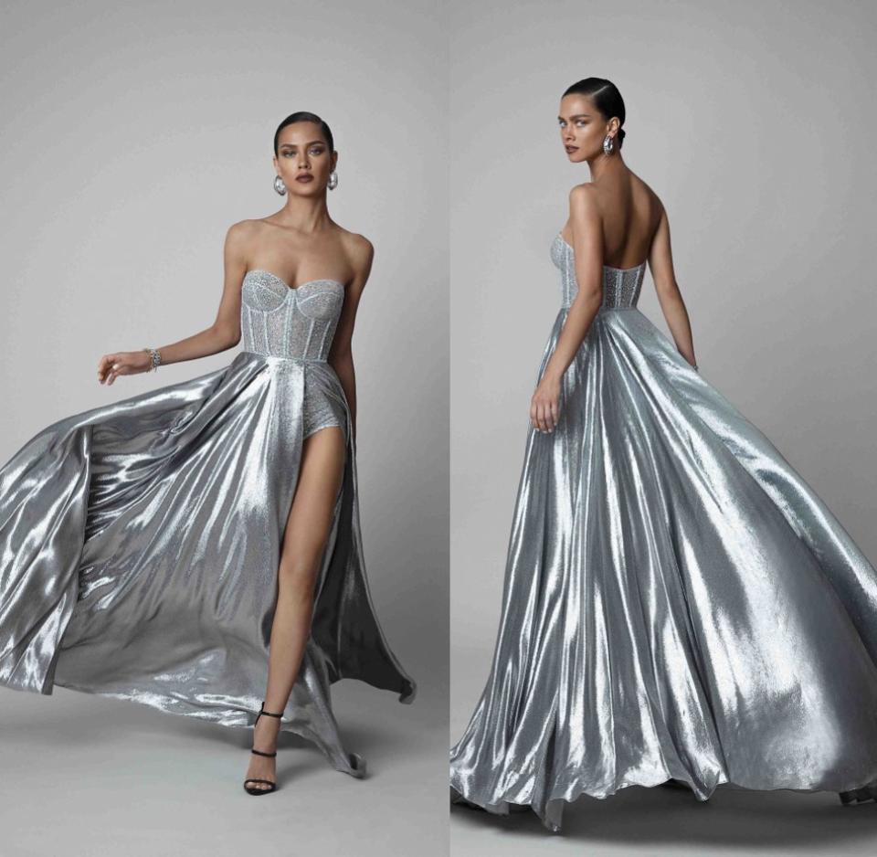 

2019 Berta Evening Dresses Illusion Sweetheart Side Split A Line Short Pants With Train Prom Dress Sparkly Glitter Formal Gowns Pa9413583, Water melon