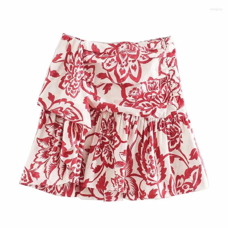 

Skirts 2023 Women Sweet Tropical Flower Print Pleated Mini Skirt Faldas Mujer Ladies Casual Slim Side Zipper Ruffles QUN561, As pic qun561o