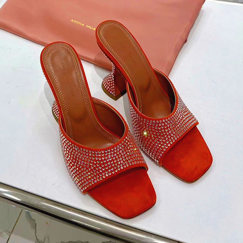 

Crystal slippers women's slide high-heeled shoes mule sandals rhinestone silk slip square head with exposed toes dress shoe shoes luxury designer factory footwear, Pale pink