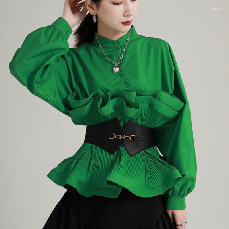 

Women' Blouses XUXI Stand-Collar Draw Back Shirt Women Long Sleeve Three-dimensional Petals Corset Slim Thin Top Spring 2023 E4886, Green
