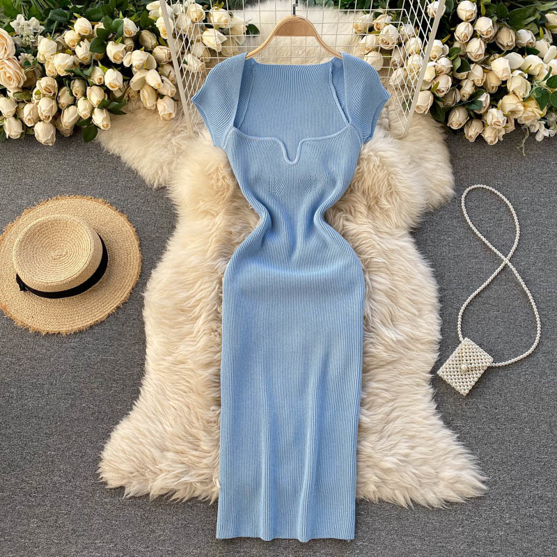 

Casual Dresses Croysier Spring Summer Short Cap Sleeve Knitted Sexy Bodycon Back Slit Square Neck Vintage Elegant Midi Women 230317, Gray