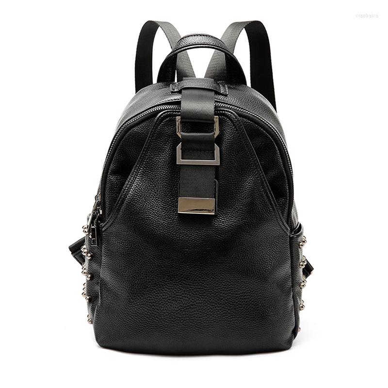 

School Bags Backpack Women Retro Rivets PU Add Real Leather Flap Double Pull Large Capacity Bag Shoulder Lady Rucksack, Black