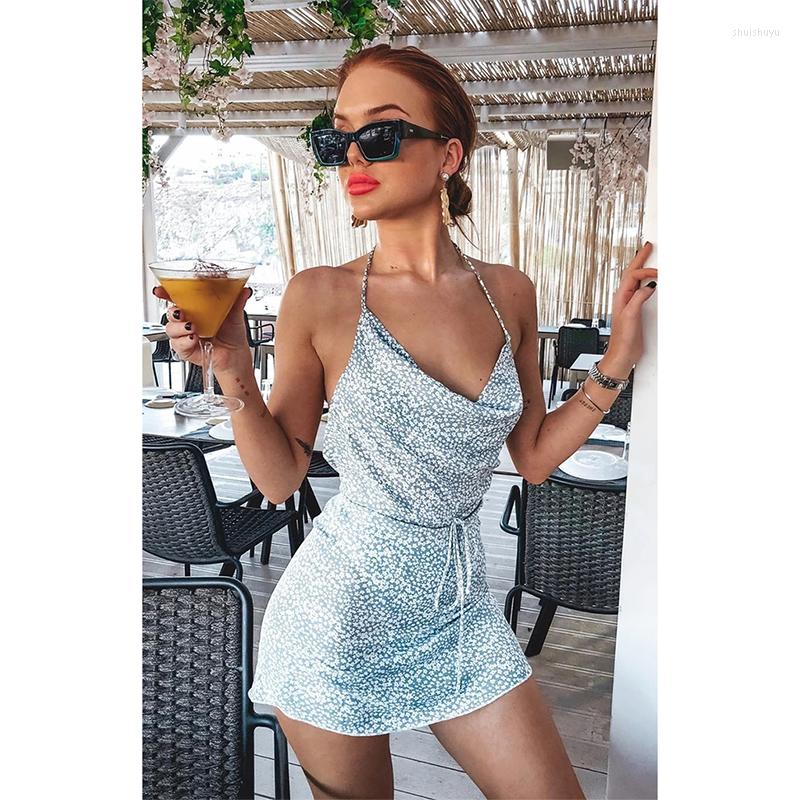 

Casual Dresses V-neck Dot Boho Party Catch Cowl Neck Mini Dress Blue Floral Print Ruffles Vestidos, Beige