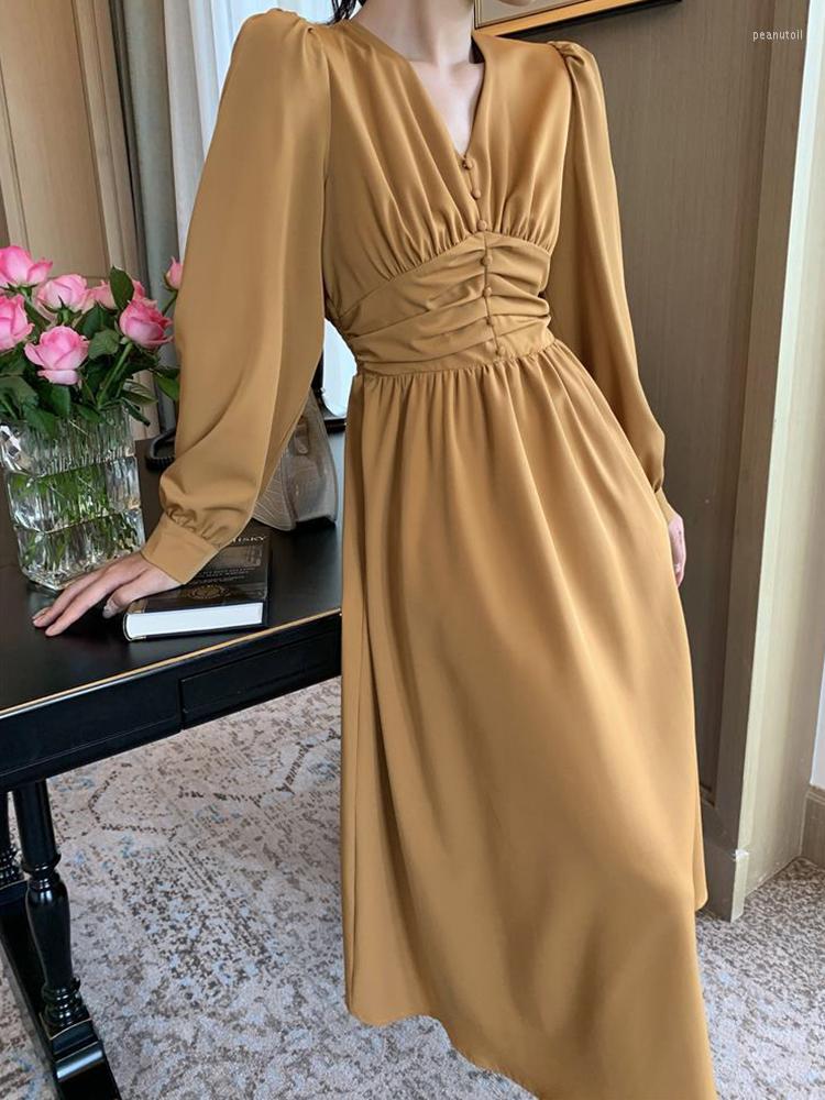 

Casual Dresses Fashion Elegant Women Dress Mujer Temperament Vintage V-Neck Corset Folds Midi Party Prom Street Commute Robe Femme Vestidos, Camel