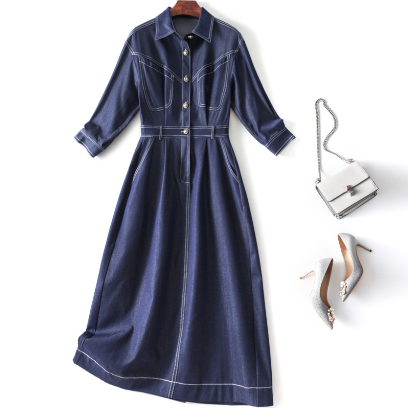 

New 3/4 Sleeve Buttons Mid-Calf Dress Lapel Neck Blue Denim Solid Color Panelled G1185921