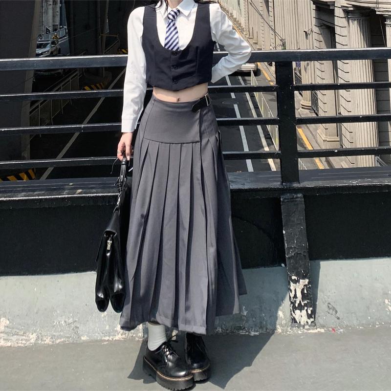 

Skirts Women' Japan Style Irregular Pleated Skirt Summer Autumn High Waist A Line Long, Black