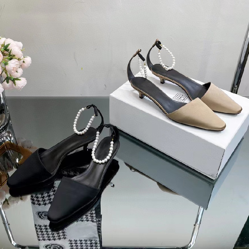 

2023 Spring Summer Casual Sandals Pearl Decor Silk Shoes For Women Solid Color Square Toe Mid Heels Size 35-40 New Arrival Hot, As pic