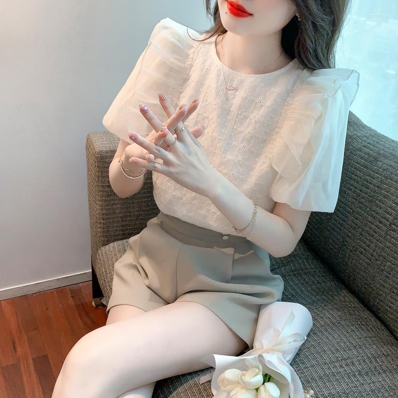 

Women' Blouses Chiffon Women' Blouse Summer Ruffles Shirt Loose Short Sleeve Casual Top Fashion Female 2023 Korean Style Solod, Beige