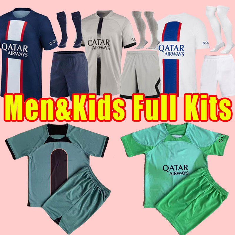

MBAPPE HAKIMI soccer jerseys Messis 22 23 Maillots de football 2022 2023 MARQUINHOS VERRATTI psGs men kids kit shirt uniform Fabian Sanches goalkeeper adult child, Away