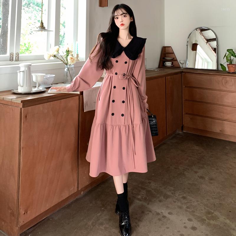 

Casual Dresses 2023 Autumn Splice Pocket Elegant Long Sleeve Sweet Pink Polo Dress