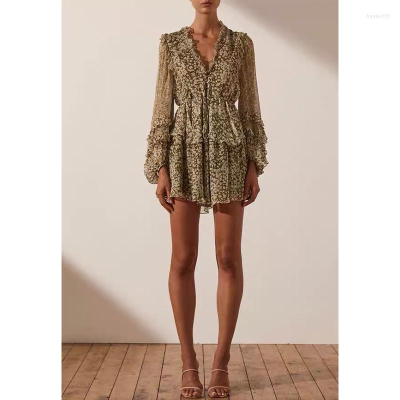 

Casual Dresses Vintage Floral Print Women Silk-blend Mini Dress V-neck Ruffled Lady, Army green