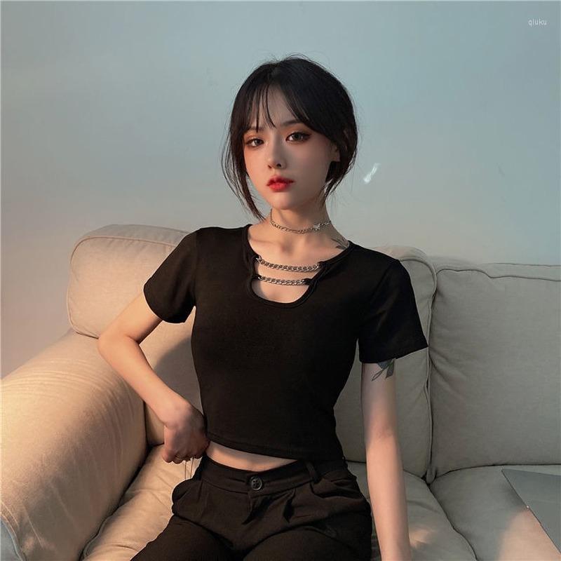 

Women' T Shirts 2023 Summer Korean Hollow Out T-shirts Women Harajuku Gothic O-neck Chain Short Sleeve Black Female Casual Tops Y529, Hei