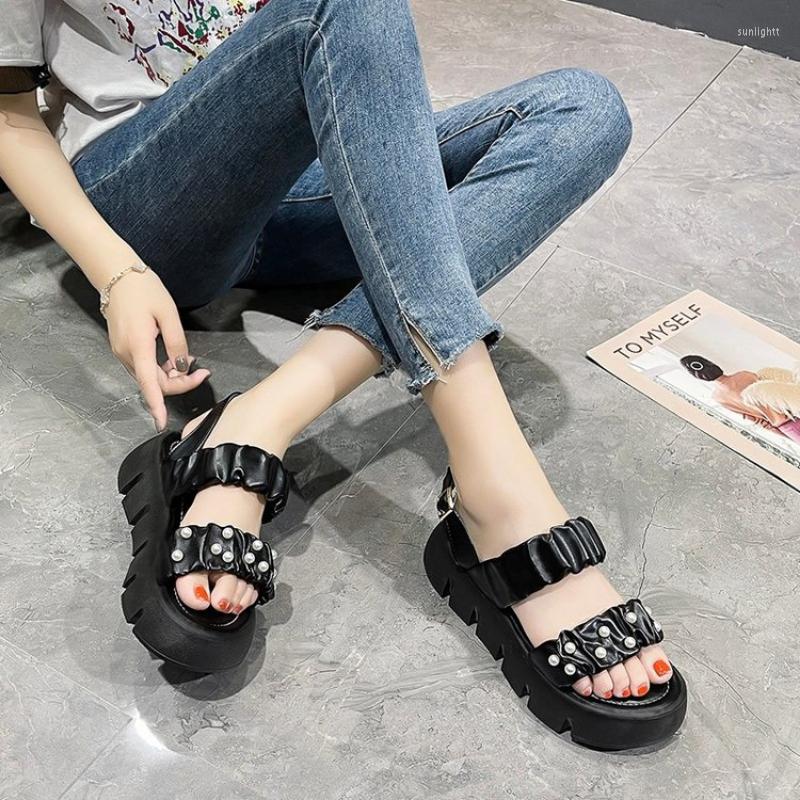 

Dress Shoes Platform Pearl Wedges Ladies For Women 2023 Comfortable Flat Sandals Fashion Summer Women's Woman, Black