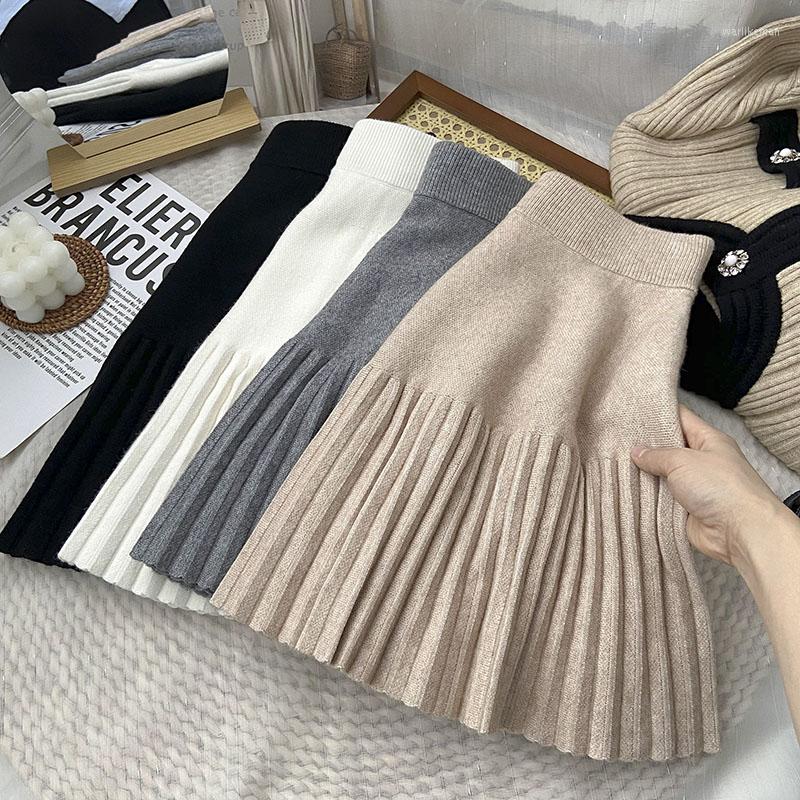 

Skirts Elastic High Waist Pleated A-line Sweater Women 2023 Autumn Winter Korean Causal Knitted Skirt Faldas Mujer Moda Black, Beige