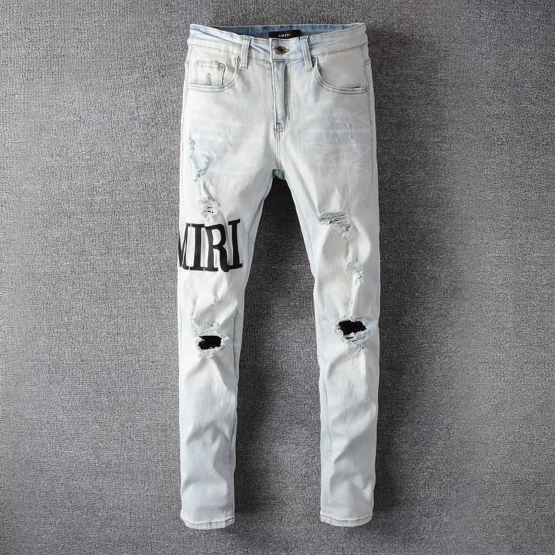 

Jeans Mens Am1r1 Trousers Pants Mirri Ripped Fashion Designer Brand New Men's White Embroidery Patch Elastic Slim Denim Hip Hop High YVNO, Light blue