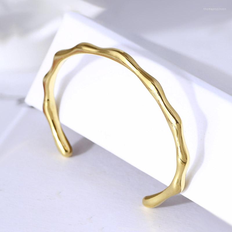 

Bangle Gold Plated Bracelets For Women Smooth Curved Bamboo Style Metal Bangles On Hand Accessories 2023 Fashion Luxury Jewelry Gifts
