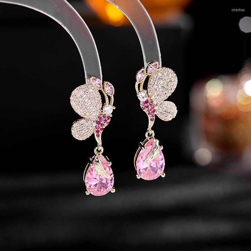 

Dangle Earrings Cute Butterfly Drop For Women Luxury Zircon Long Earring Blue Pink Teardrop Wedding Jewelry Brincos