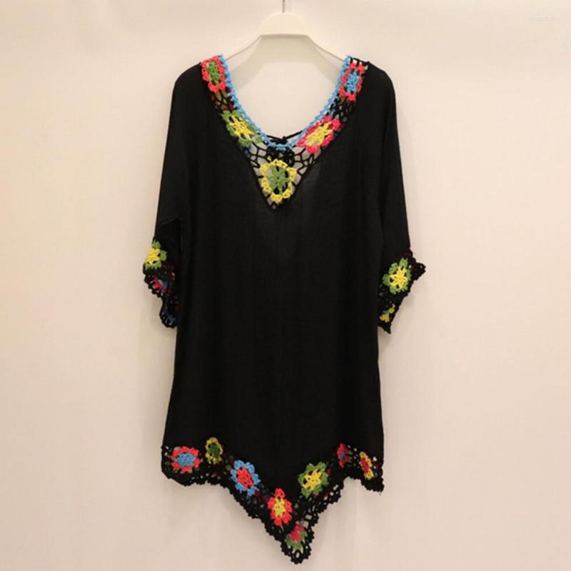 

Women's Swimwear Sweet Women Beach Dress Breathable Hollow Out Flower Crochet Loose Swimsuit Cover Up Lady Garment, Black