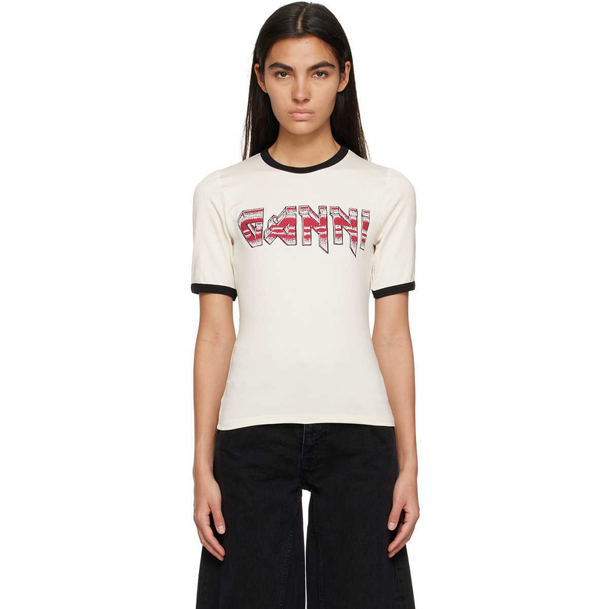 

2023ss Women Designer T shirt Fashion Tops Print Color Contrast Slim Design Simple Round Neck Short Sleeve Tees Women, Creamy-white