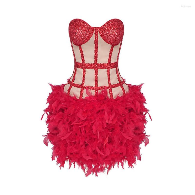 

Casual Dresses Summen Sexy Backless Wrap Chest Slim Bandage Dress Rayon Elegant Feather Bodycon Fashion Mini Evening Party, Green