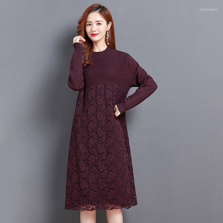 

Casual Dresses Women Knitted Long Dress 2023 Autumn Winter Sweater Lace Knit, Black