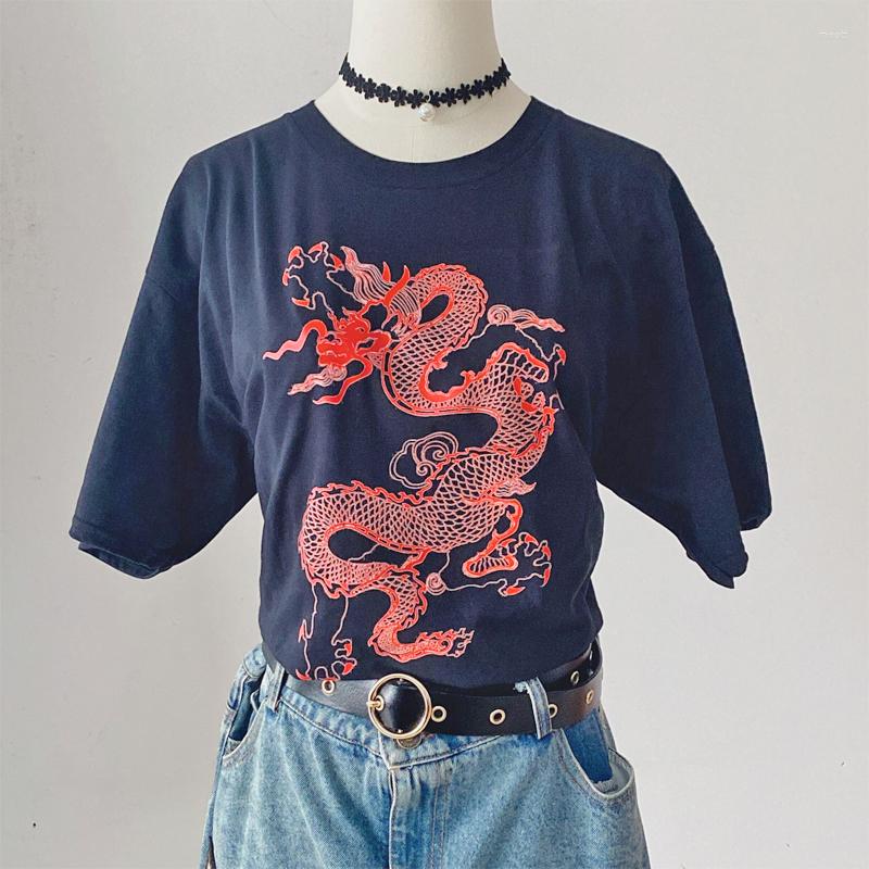 

Women's T Shirts Chinese Style Red Dragon Graphic Tee Cotton Black Cool Grunge Unisex Casual Funny Harajuku Hipster Women T-Shirt Top