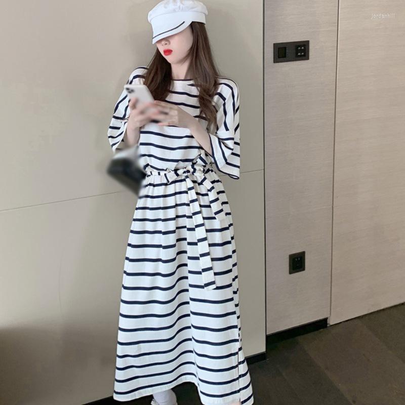 

Party Dresses Fashion Retro Loose Striped Dress For Women Summer Korean Style Short-Sleeve Thin Vestidos With Belt