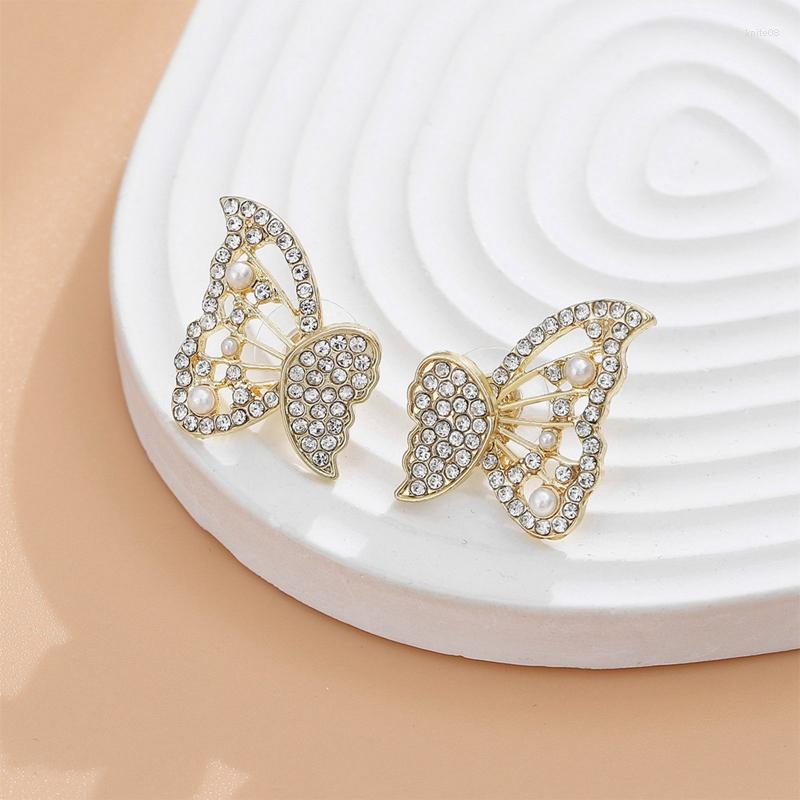 

Stud Earrings Light Luxury Butterfly Pearl Zircon Female Ear Full Rhinestone Party Jewelry