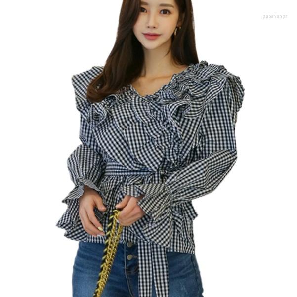 

Women's Blouses Spring Women Ruffles Korean Fashion Shirts Plaid Tops Mujer, Black