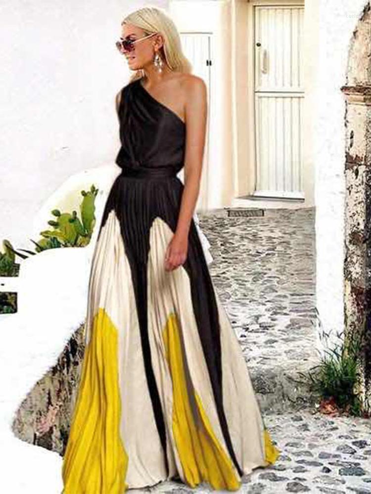 

Casual Dresses Elegant One Shoulder Draped Beach Long Dress Women Vintage Print Patchwork Party Maxi Female Vestidos, 01 green