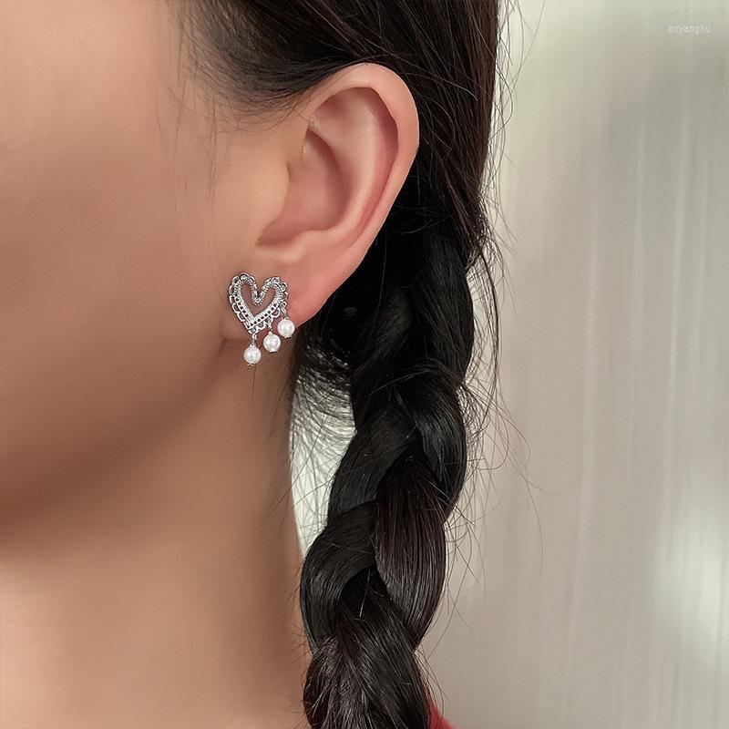 

Stud Earrings PANJBJ 925 Sterling Silver Hollow Asymmetric Love Pearl French Retro Jewelry