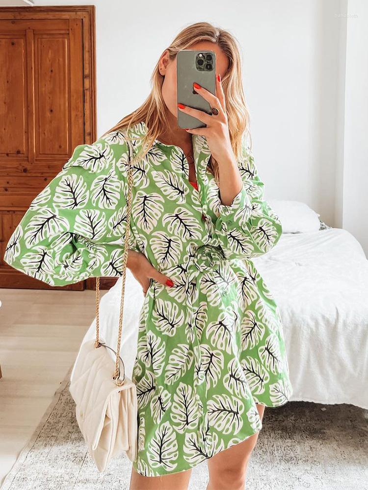 

Casual Dresses Spring 2023 Womens Fashion Elegant Vintage Print Dress With Belt Lapel Collar Long Sleeve Button Up Mini Shirt, Green
