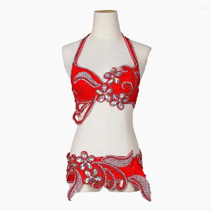 

Stage Wear Performance Belly Dance Clothes Egyptian Costumes Oriental Bellydance Rhinestone Bra And Belt 2pcs, Red