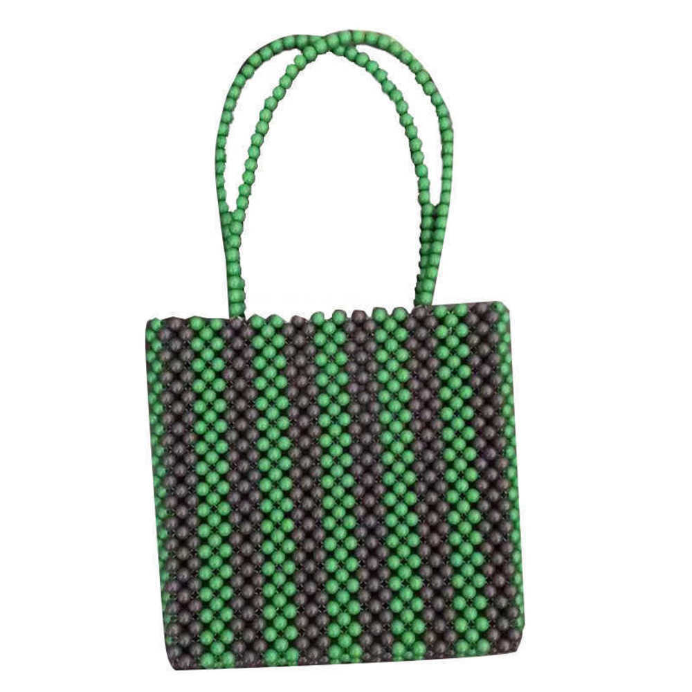 

Striped green and brown handmade beaded bag with vertical stripe beads portable women's flower dinner pull 230304, Striped green+coffee