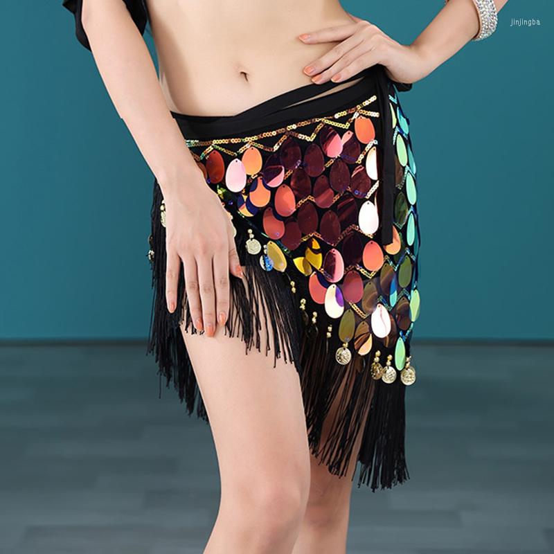 

Stage Wear Gilrs Costume Accessories Teardrop Paillettes Mesh Base Tassels Wraps Half Circle Belt Women Fringes Hip Scarf With Gold Coins, Black