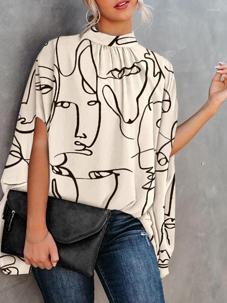 

Women' Blouses Fashion Casual Loose Blouse O Neck Printed Shirt Art Pattern Doll Sleeve Top 2023 Spring Summer Office Elegant, White