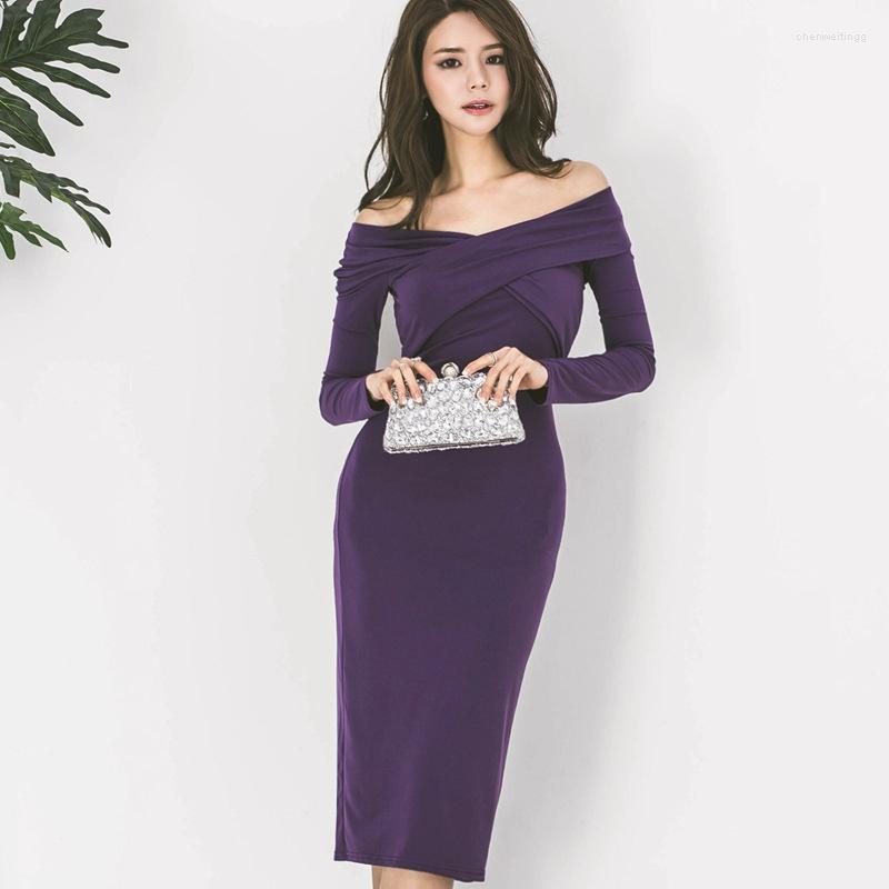 

Casual Dresses Oversized Autumn Dress Women Slash Neck Long Sleeve Midi Party Solid Package Hip Wrap Ladies Plus Size Ropa, Purple