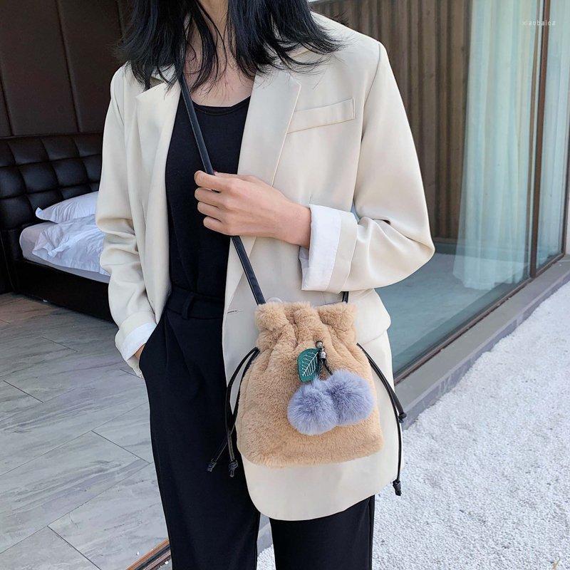 

School Bags Fashion Autumn Winter Women Shoulder Bag Soft Plush Fur Hairy Ladies Crossbody Female Ball Pendent Totes, White