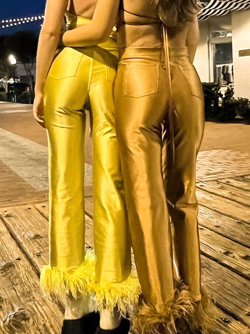 

Women' Pants Street Party Feather Straight Wide Leg Pant Women Zipper Button High Waist Slim Luster Fashion Ladies Show Trouser 2023, Yellow