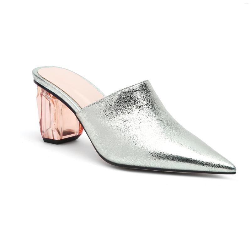 

Sandals UE Silver Metalic Summer Shoes For Ladies White Pointed Toe 5.5CM Crystal Block Heel Women Sandal Mules M047, Blue