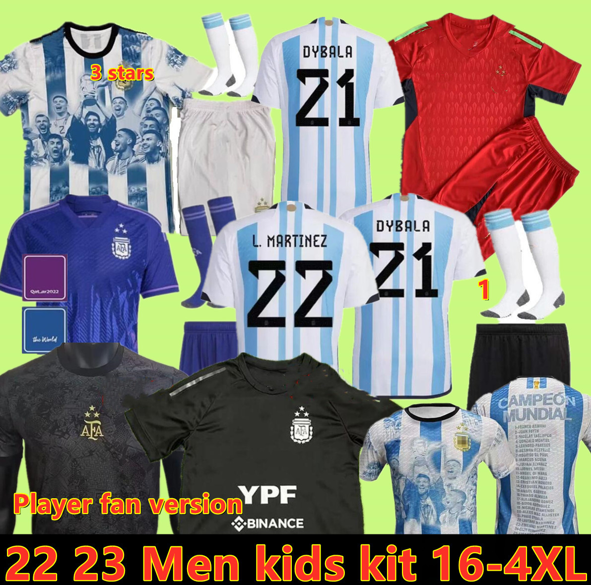 

3 Stars S--4XL Argentina soccer Jersey football shirt 2022 DYBALA AGUERO MARADONA DI MARIA 22 23 fans player version Men Kids kit sets uniforms socks home away, White