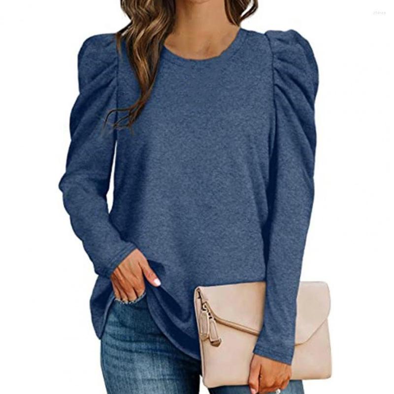 

Women's Blouses O-Neck Pleated Shoulder Puff Long Sleeves Women Blouse Solid Color Slim Pullover Top Female Elegant Sleeve Chic, Green